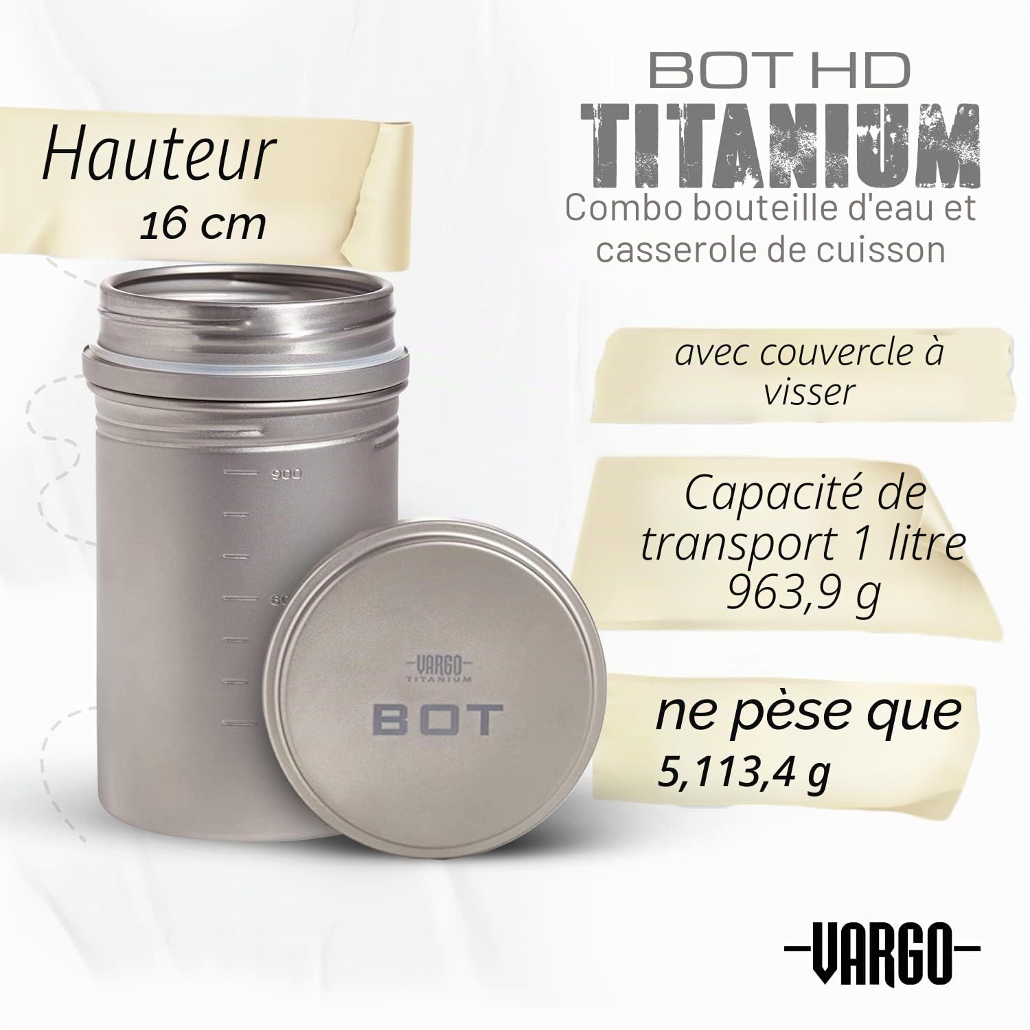 Vargo Titanium BOT Series | BOT-HD – Bouteille d'eau ultralégère de 1 litre (34 oz) – Poids : 153 g | Camping