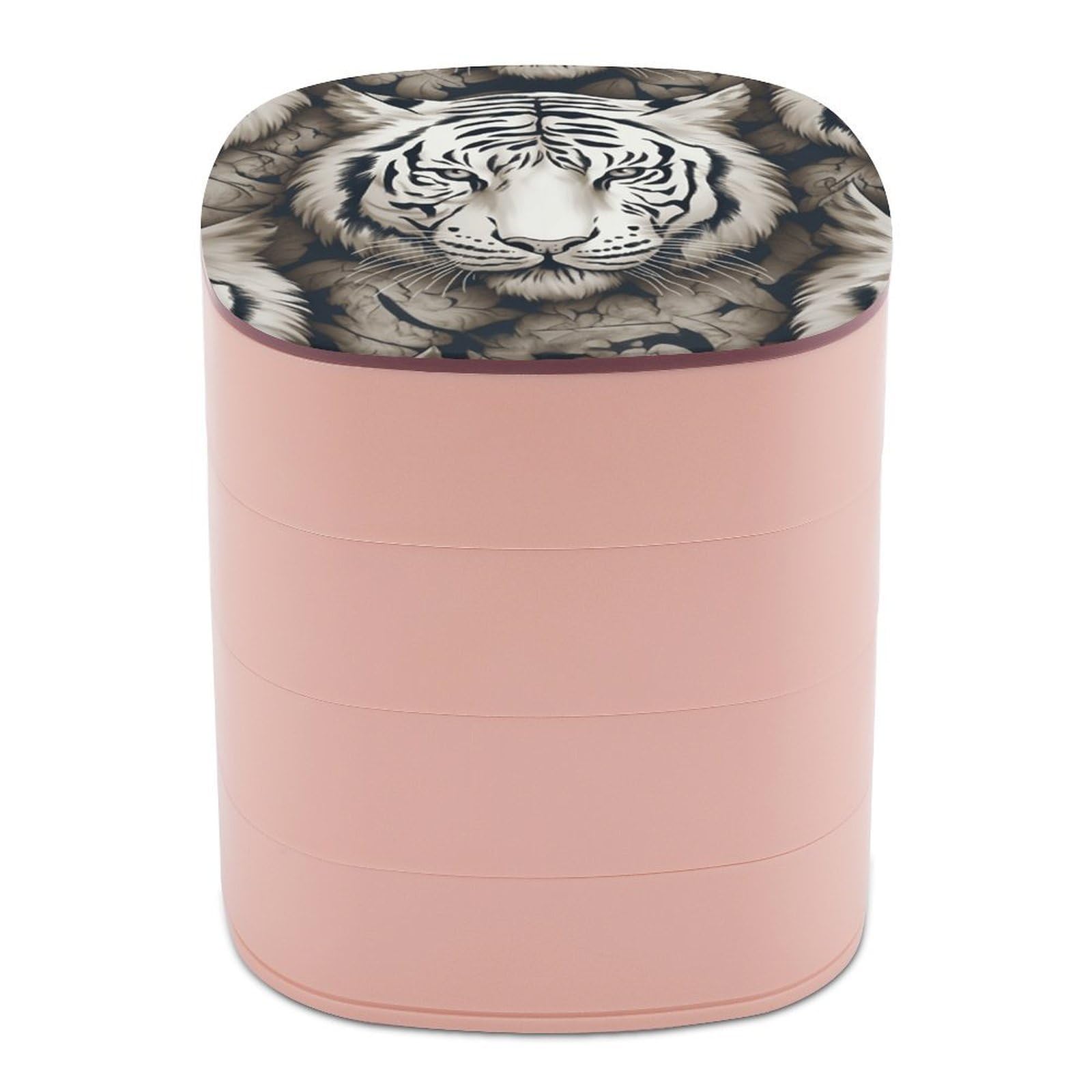 VstaDank White Tiger Head Pattern Jewelry Organizer Small Travel Earring Storage Box with Mirror 4-Layer Rotating Travel Jewelry Tray Case with Lid Large Capacity Jewellery Holder Case