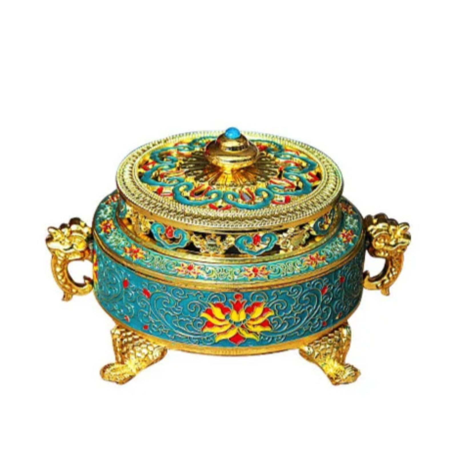 Brûleur d'encens en alliage de cuivre émaillé bleu pour décoration temple