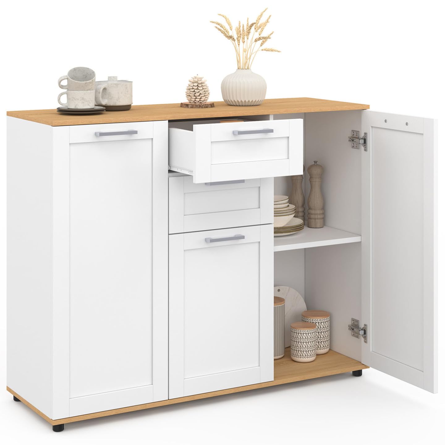 IDMarket - Bajo para TV 100 cm VITO con 3 puertas y 2 cajones en blanco y tablero de madera