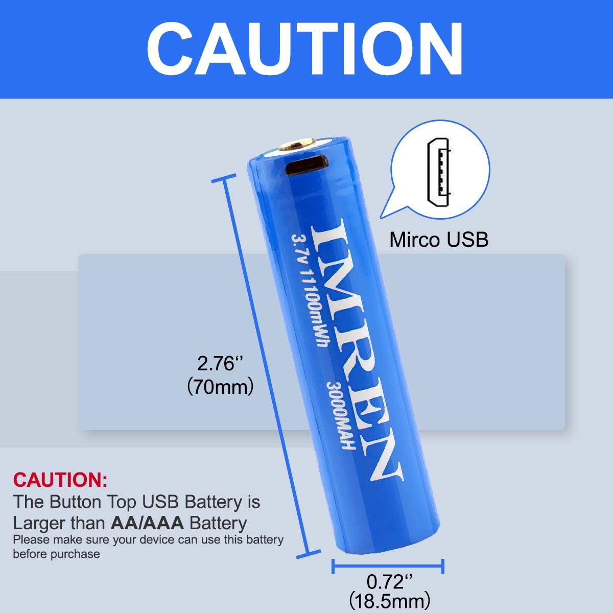 Imren 3.7V Button Top Battery,3000mAh Rechargeable Battery with USB Cable for Streamlight X Series Flashlights, Headlamps, Doorbells, RC Cars (1PS)