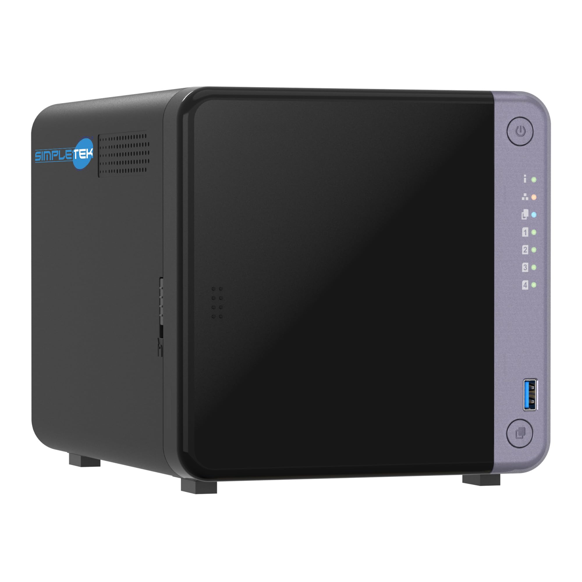 SIMPLETEK - Profesjonalny 4-komorowy serwer NAS - 10 GbE SFP+ i 2,5 GbE - 4 GB RAM (maks. 16 GB) - w zestawie 4 x 240 GB SSD - 2 gniazda M.2 NVMe - podwójny port 2,5 GbE