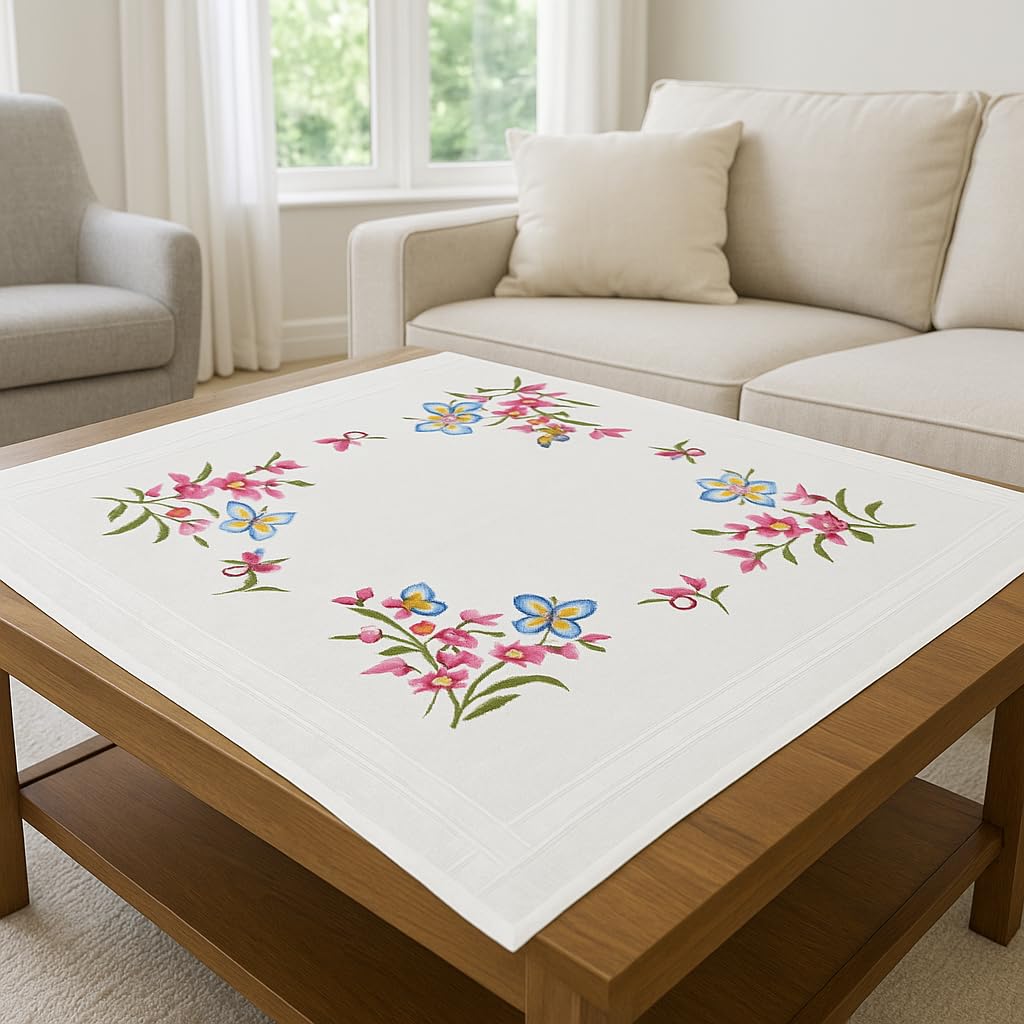 KAMACA Kit da ricamo, tovaglia a punto piatto con motivo floreale, tela prestampata incl. filo da ricamo, schema di ricamo e istruzioni, kit da ricamo fai da te per adulti (Iris e Farfalle MD 80 x 80