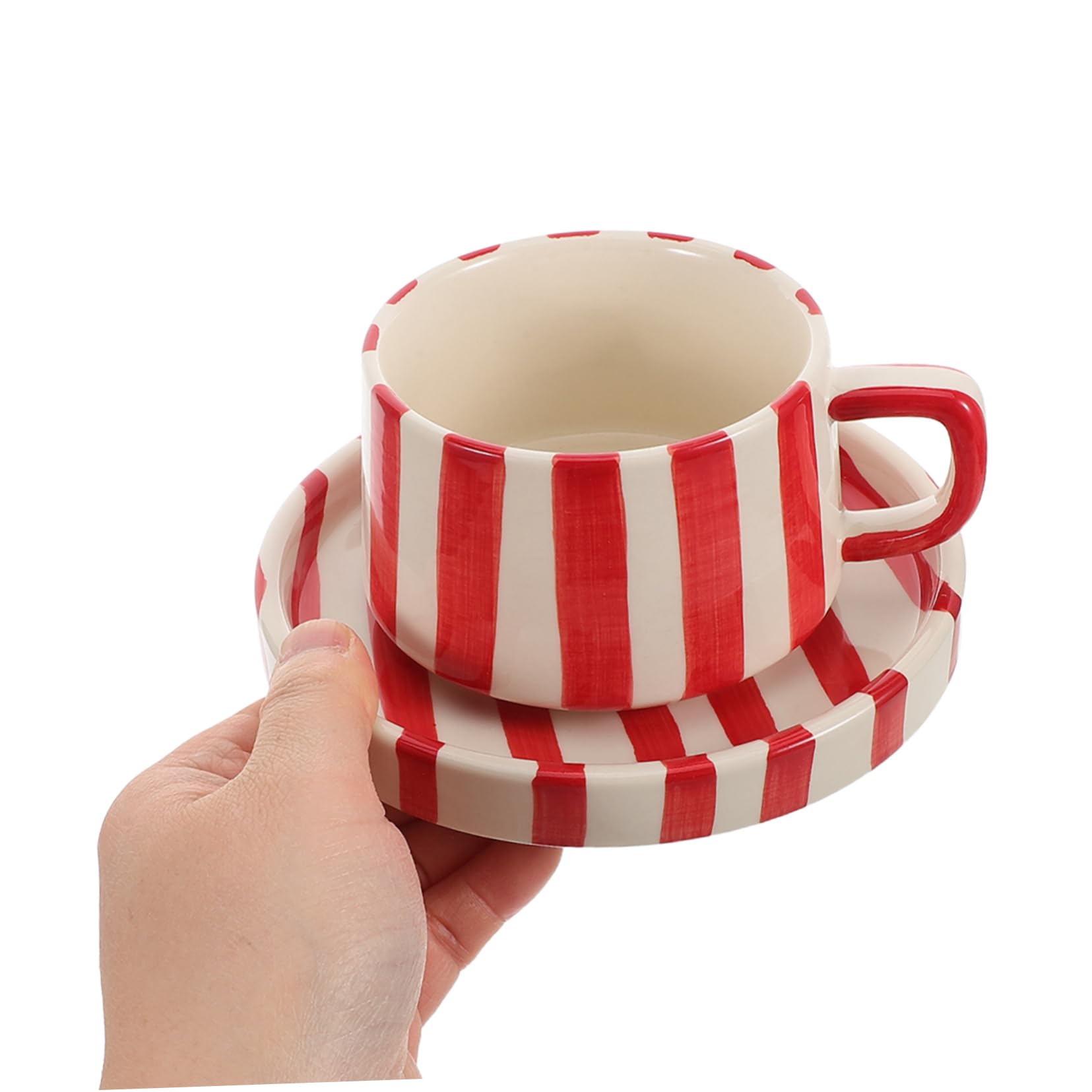 Gatuida Tasse à Café Céramique Rayée Avec Soucoupe Rouge Mug Et Sous-tasse Pratique Pour Bureau Thé Et Espresso Design Unique Et Facile à Nettoyer