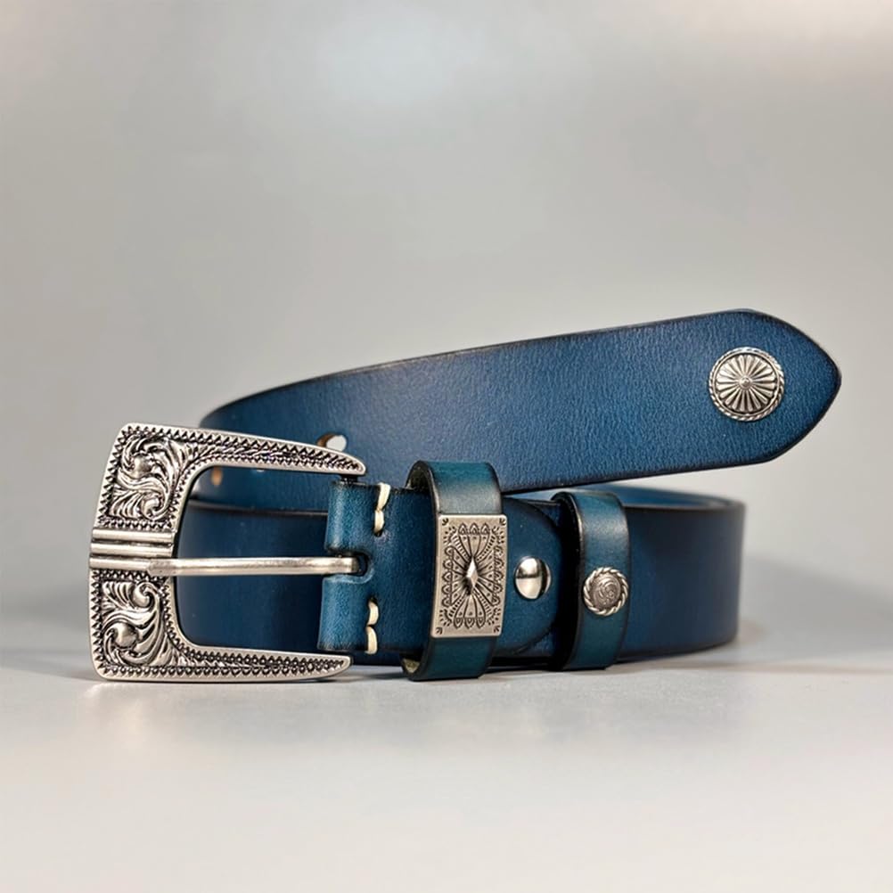 Cintura da Cowboy per Uomo, Cintura in Vera Pelle Western Country Inciso-Fibbia, per Jeans Pantaloni Casual, Fatta A Mano, Design Moda E Classico,Blu,110CM/43.3''