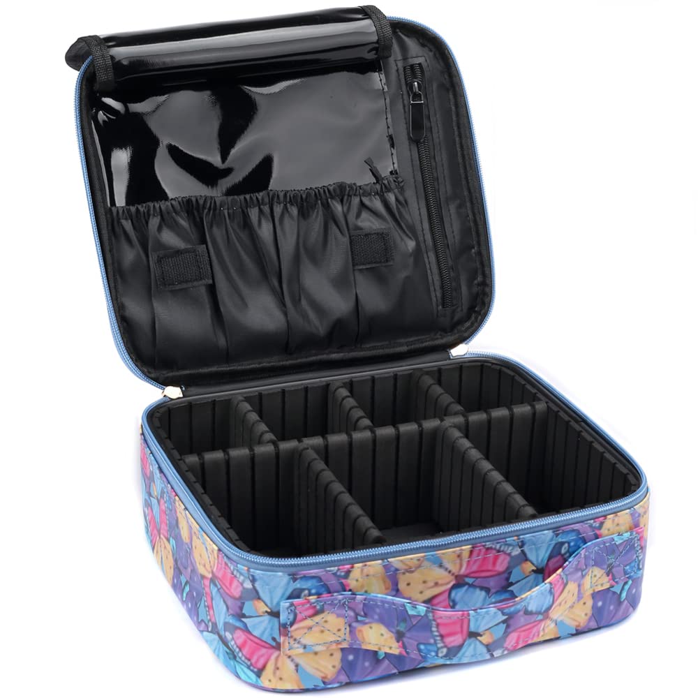 INOVERA (LABEL) Faux Leather Makeup Organizer Bag for Women, Girls & Bride - Travel Cosmetic Kit Storage Organiser - Toiletry Vanity Box with Adjustable Compartment, 26l x 23b x 9h cm Butterfly Print