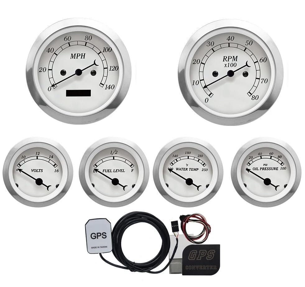 Image of MOTOR METER RACING Classic Electrical GPS 6 Gauge Set White Dial Black Ndl. | GPS Sensor Signal, 85mm, 3-3 /8 inch, 52mm, 2-1 /16 inch, Speedometer Digital Odometer, Light Bulb Illumination, Car, Automobile