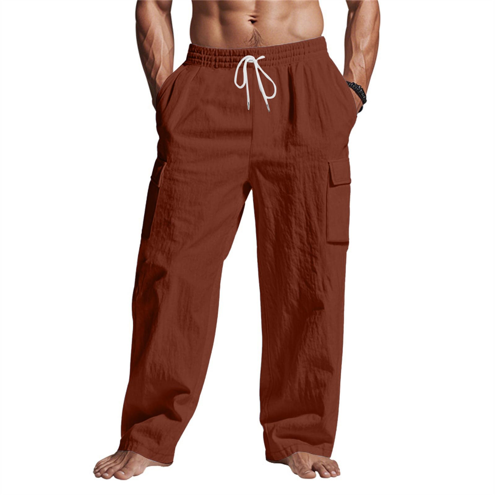 Linen Cargo Pants for Men Summer Casual Elastic Waist Pants with Pockets Relaxed Fit Beach Yoga Travel Lounge Pants