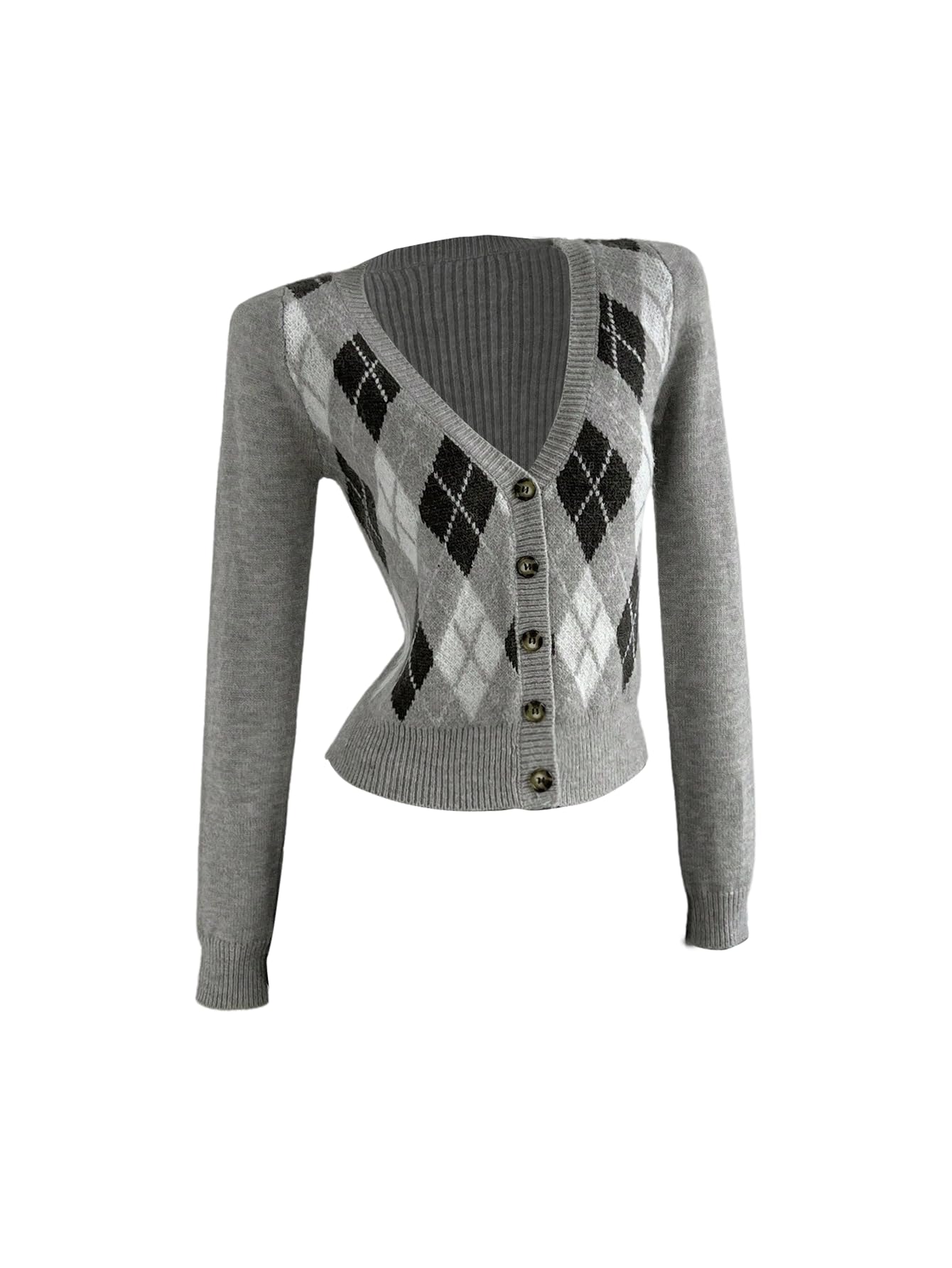 SweatyRocks Womens Cardigan Sweaters Fall Long Sleeve Argyle Sweater V Neck Button Up Cardigans
