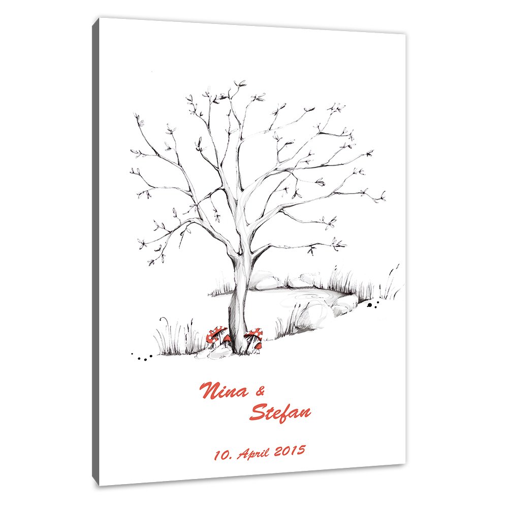Hochzeitsbaum Fingerabdruck 60x40 mit NAMEN & DATUM - INKL Zubehör-Set (Stempelkissen+Stift+Anleitung+Hochzeitsbuch+...) - Wishingtree Gäste - Fingerabdruck Baum Leinwand