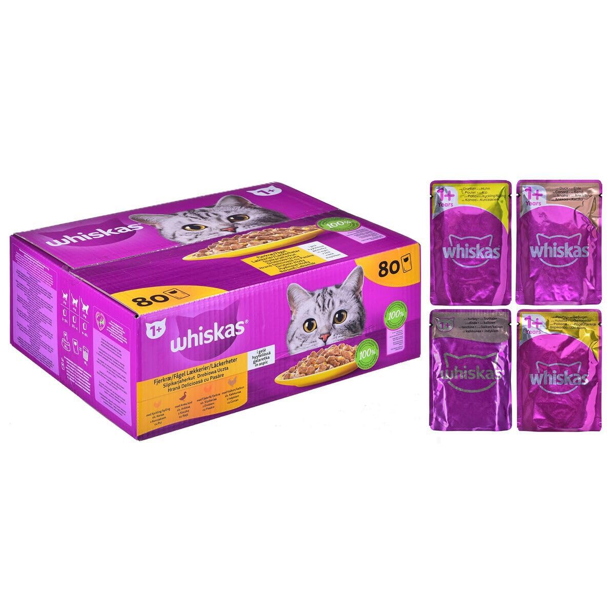 Whiskas Adult 1 + cibo umido per gatti, pollame in gelatina, 80 sacchetti per porzioni, 80 x 85 g, cibo umido per gatti adulti