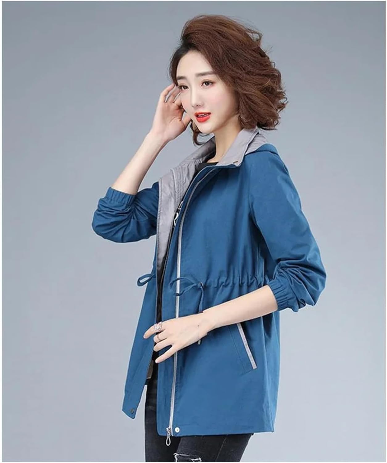 Women's Zipper Pocket Windbreaker Coat Long Sleeve Slim Versatile Casual Double Hooded Trench Coat