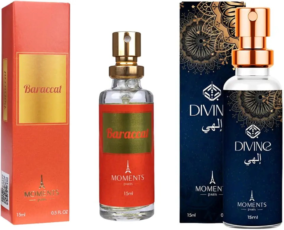 Kit 2 Perfume de Bolsa ÁRABE Unisex BARACCAT Divine 15ml Moments Paris Maravilhosa Fragrância Âmbar Floral Amadeirado para Noite e Dia Alta Fixação e Longa Duração Projeção Intenso Spray