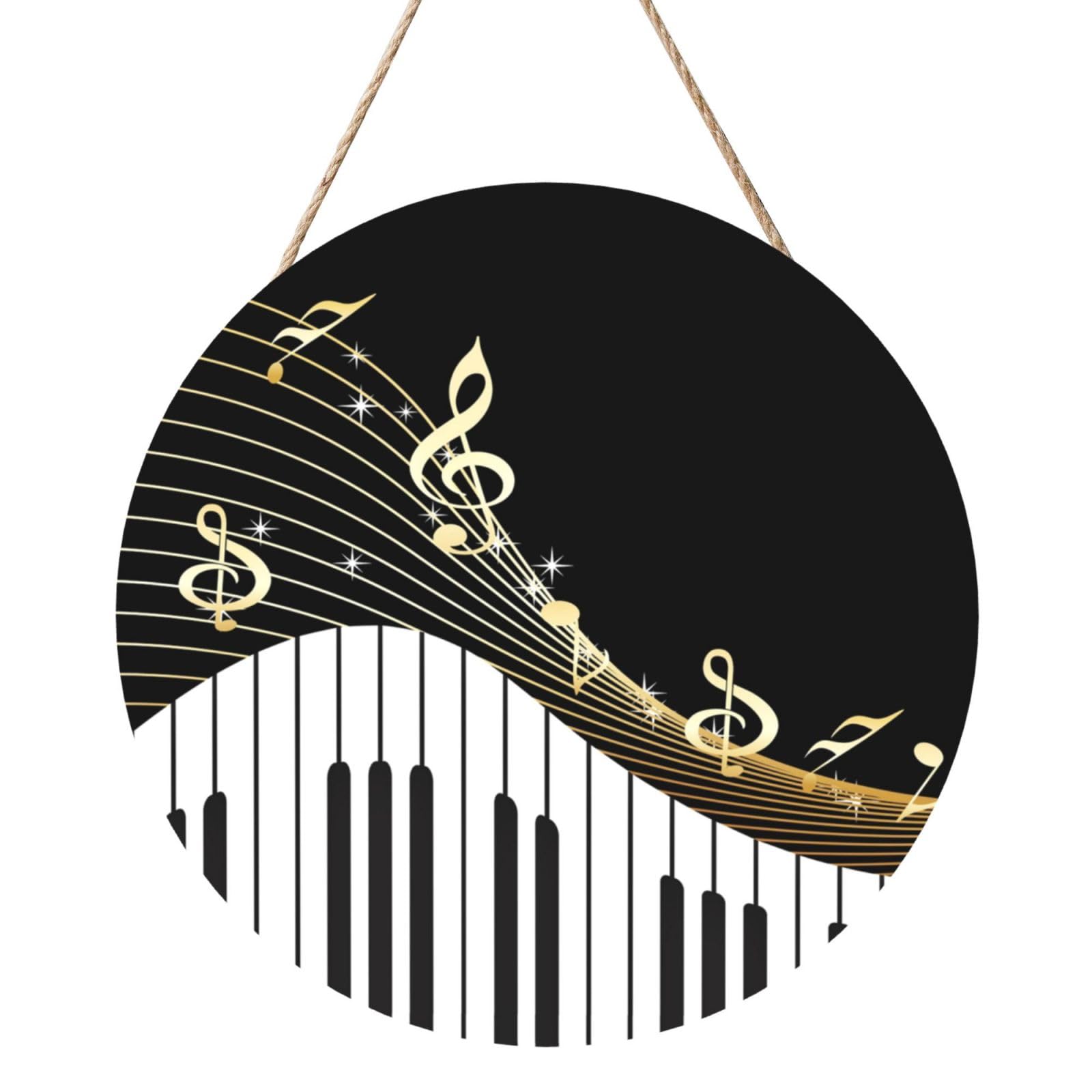 InOmak Black Musical Notes, Round Wood Panel Painting 12 in, Wall Hanging Painting For Home