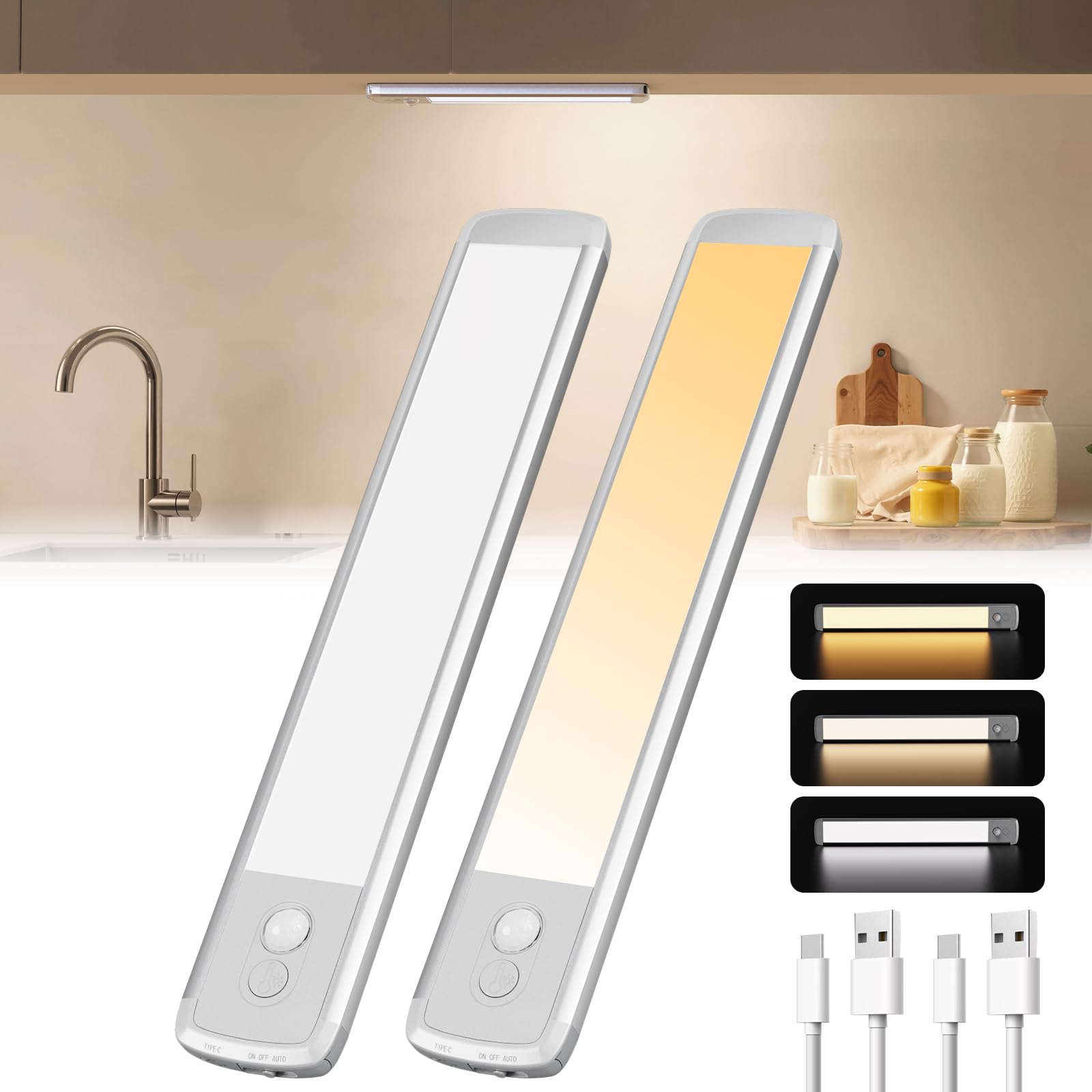 BKXCHA Kastverlichting Led Lamp met Bewegingsmelder, 22cm 76 LEDs Onderbouwverlichting Keuken Led, Dimbaar, USB-C Oplaadbaar Ultradunne LEDs Strip voor Kledingkast Verlichting, Trap (2 Stuks
