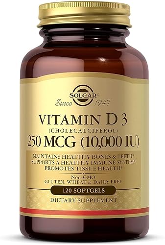 Solgar - Vitamina D3 colecalciferol 250 MCG 10000 UI 120 cápsulas blandas - Ayuda a mantener los huesos y dientes sanos apoyo al sistema Solgar - Vitamina D3 colecalciferol 250 MCG 10000 UI 120 cápsulas blandas - Ayuda a mantener los huesos y dientes sanos apoyo al sistema