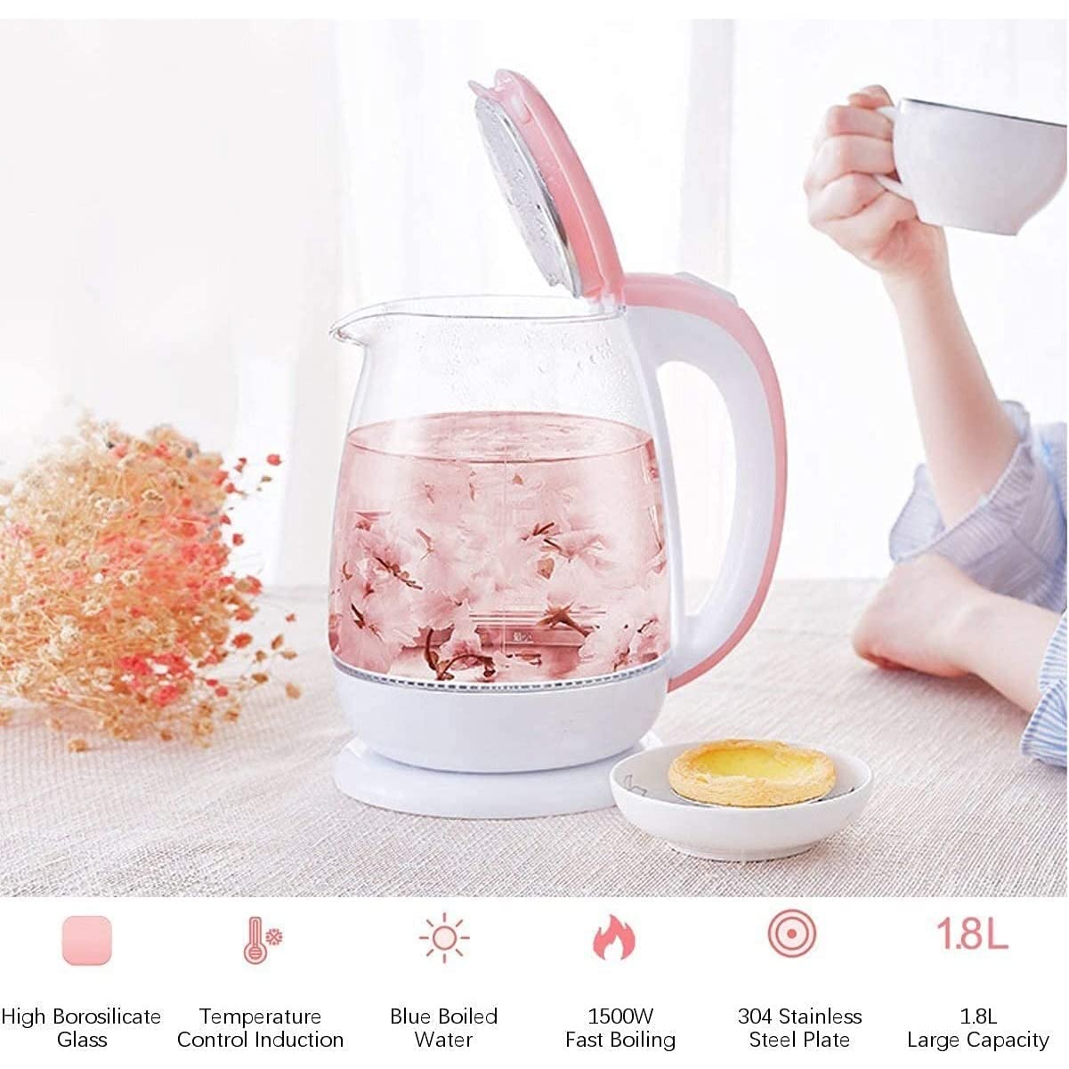 Hervidor eléctrico rosa de 1,8 l, de cristal, galvanizado, automático, 1500 W, calentador de agua, tetera para hervir, electrodoméstico de cocina con apagado automático, protección contra eb