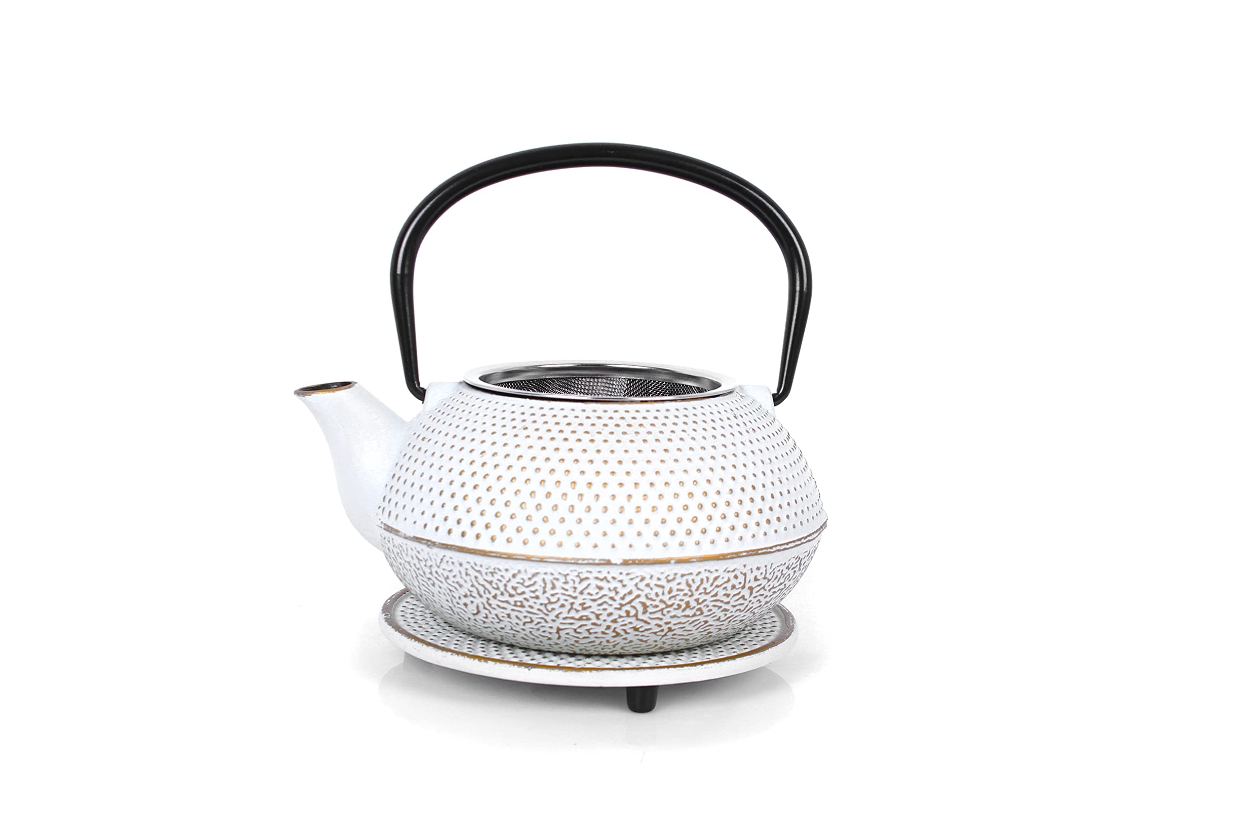 Juego de té de hierro fundido Echtwerk - Tetera de 0,8 l con colador extraíble - Tetera con platillo y 2 tazas de té - Estilo vintage - Para té suelto - Crema