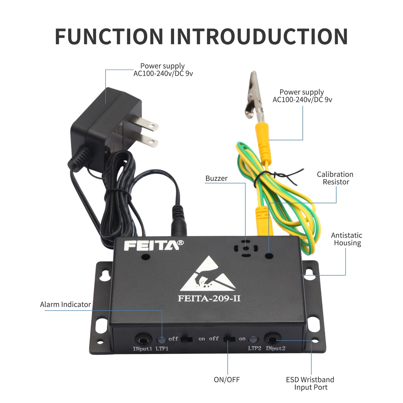 FEITA 209-II - Correa de muñeca antiestática para monitor en línea, doble ESD, probador de correa de muñeca en línea, monitoreo antiestático, alarma, puesta a tierra, instrumento de estado de trabajo