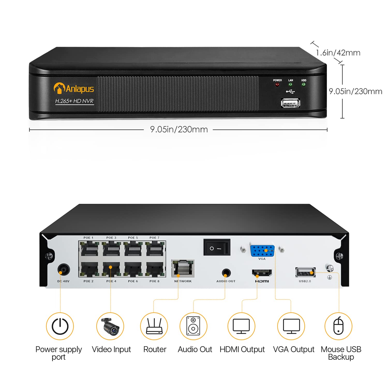 Anlapus PoE Kit Sistema de Cámara de Vigilancia Seguridad 4pcs Cámara PoE IP Exterior con 8CH 5MP H.265+ Videograbador NVR, Visión Nocturna, Alarma de Movimiento, 1TB Disco Duro