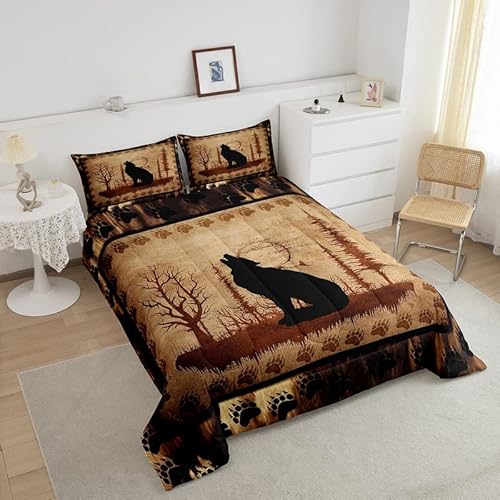 Feelyou Cute Wolf Comforter Set For Girls Boys Kids Wolves Howling Bedding Set Room Decorative Animal Wolves Tree Pattern Bedding Set Exotic Style Brown Black Duvet Set King Size 3Pcs Quilt Set #TOP2