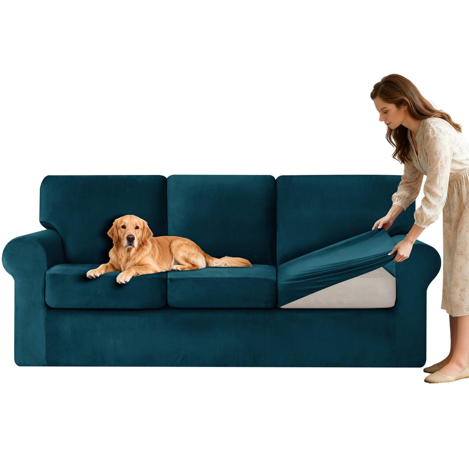 Housse de canapé velours extensible 7 pièces lavable en machine
