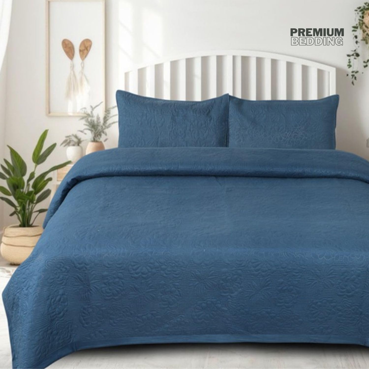 APALA 100% Cotton Ultrasonic 300 Tc Solid King Size Quilted Bed Cover/Bedspread/Rajaai with 2 Pillow Case,(Luxurious,90X100 Inches,254X228 Cm),1 Quilt with 2 Matching Pillow Covers, (Blue)-image-5
