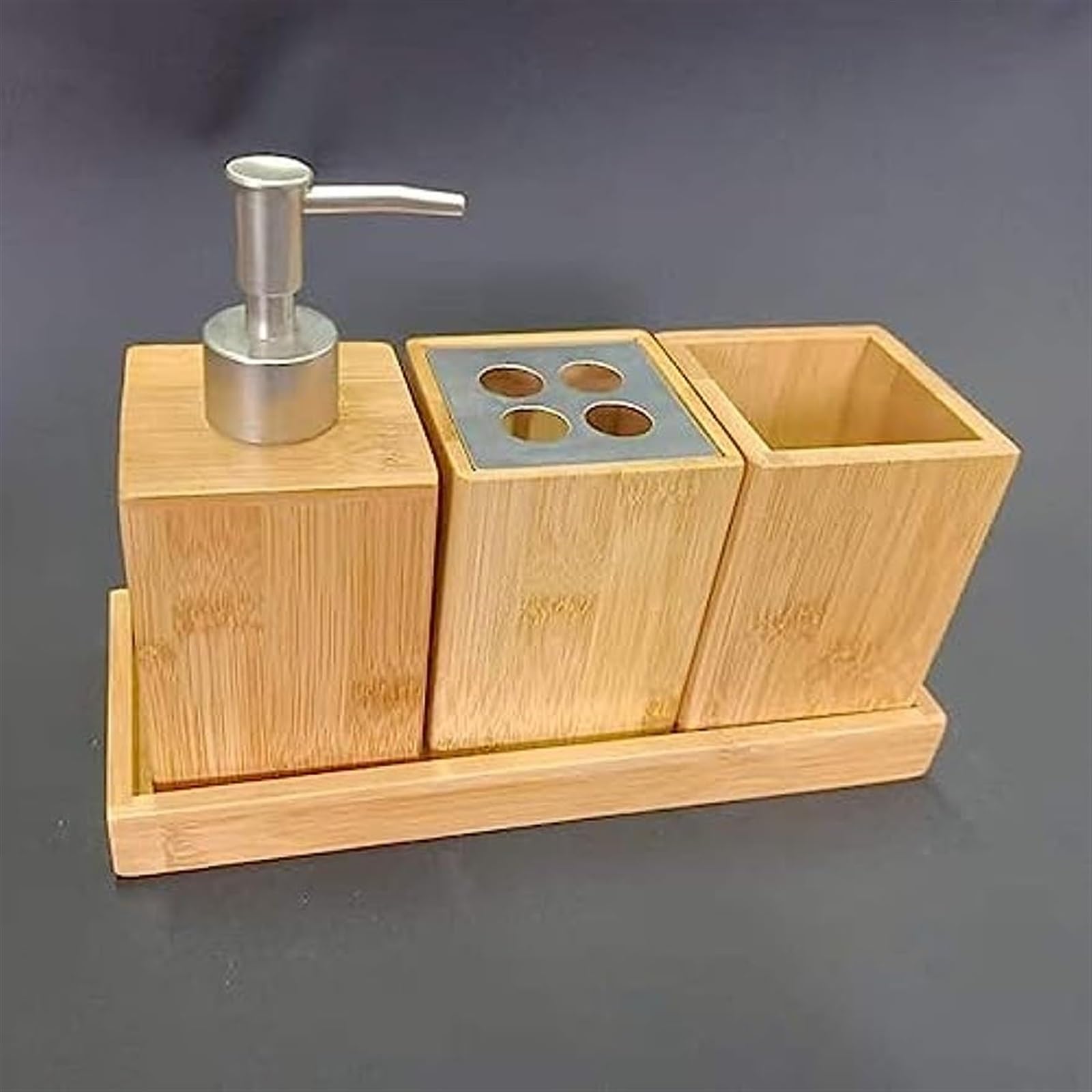 Juego de accesorios de baño de 4 piezas de bambú, juego de accesorios de baño de madera natural, soporte for cepillo de dientes, dispensador de jabón líquido de bambú, contenedor de almacenamiento, ba