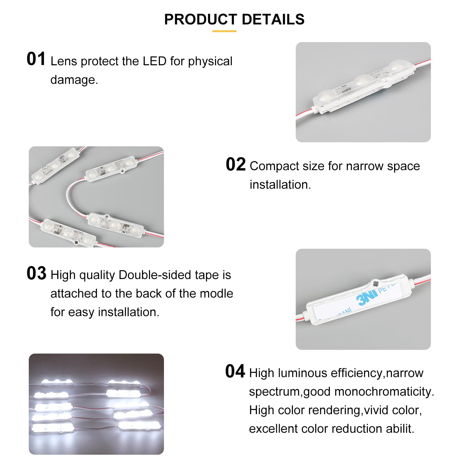 SUNLITOPTO LED Module, Window Mirror Light White100pcs 50 Ft 2835 SMD 150LM Per LED Module Waterproof Light for Letter Sign Advertising Signs with Tape Adhesive Backside (White Light 10000K)