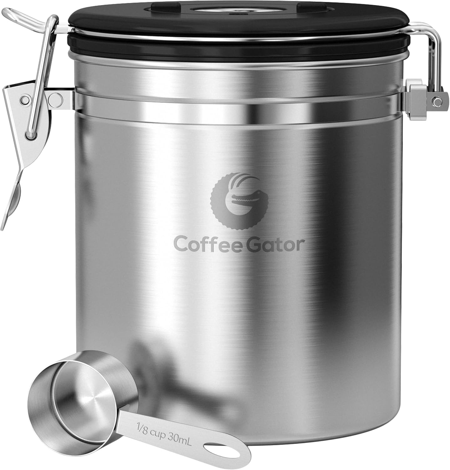 Coffee Gator-Edelstahl-Kaffeedose – Hält gemahlener Kaffee und Bohnen länger frisch – Behälter mit Datumsverfolgung, CO2-Freigabeventil und Messlöffel - Mittel - Edelstahl