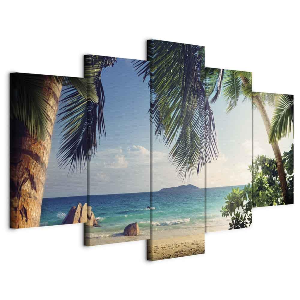 B&D XXL - Leinwandbild Palmen tropisch Landschaft, 225x112 cm, 5-teilig | Hochwertige Leinwand, sofort aufhängbar, ideal fürs Wohn- oder Schlafzimmer, wasserfest und lichtecht, langlebig, stilvoll