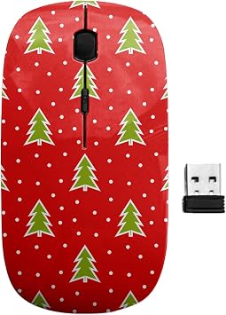 2.4GHz USB Wireless Mouse, Green Christmas Trees Red Pattern, Ergonomic Slim Computer Mice for Kids