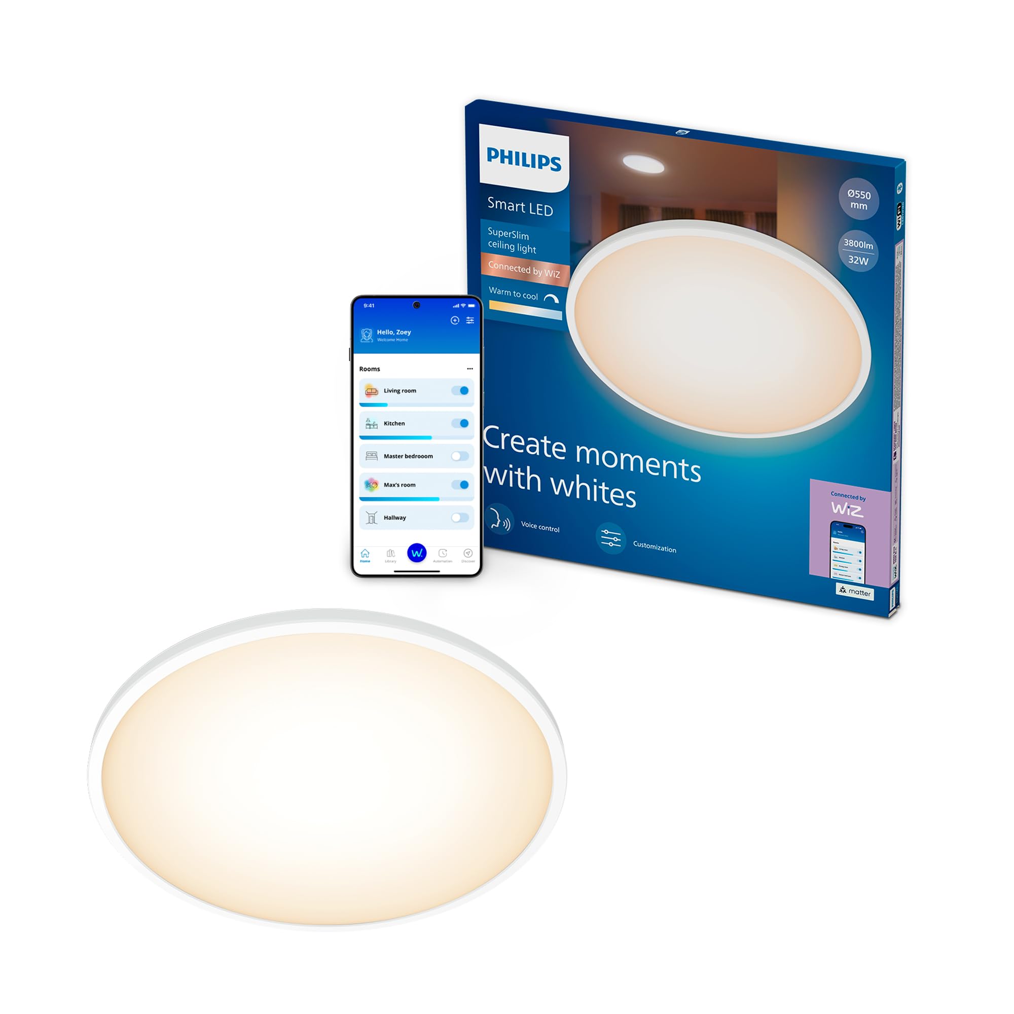 Philips Smart Lighting SuperSlim, Lampa Sufitowa LED, Smukła, Regulowana Barwa Bieli 2700–6500 K, Przyciemnianie, Łatwa Konfiguracja, Connected by WiZ, Alexa, Google Home, Apple Home, Biała, 1 szt.