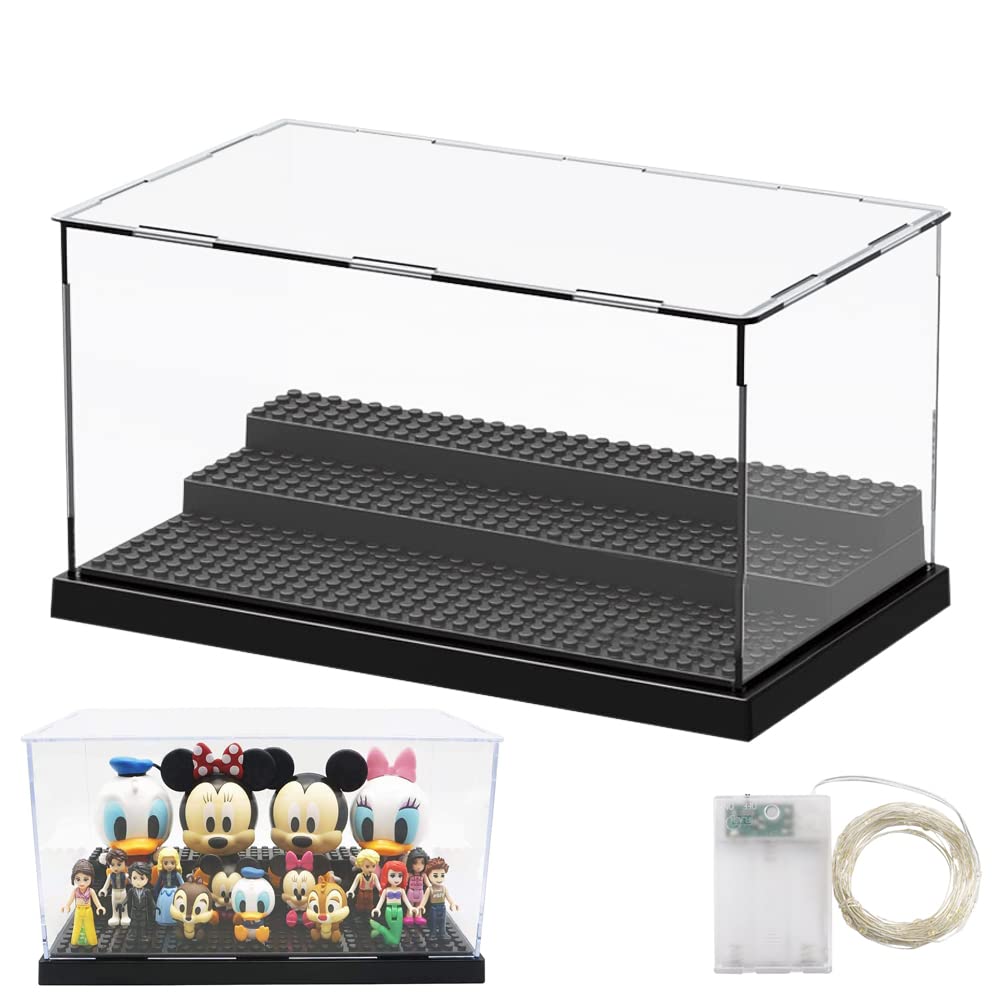 IWILCS Acrylic Display Case/Box(10 x 5.9 x 5.3 Inches) Perspex Dustproof ShowCase, Toys Model Display Box with 2m LED String Lights for Minifigures Brick Building Block/Collectibles (Black)
