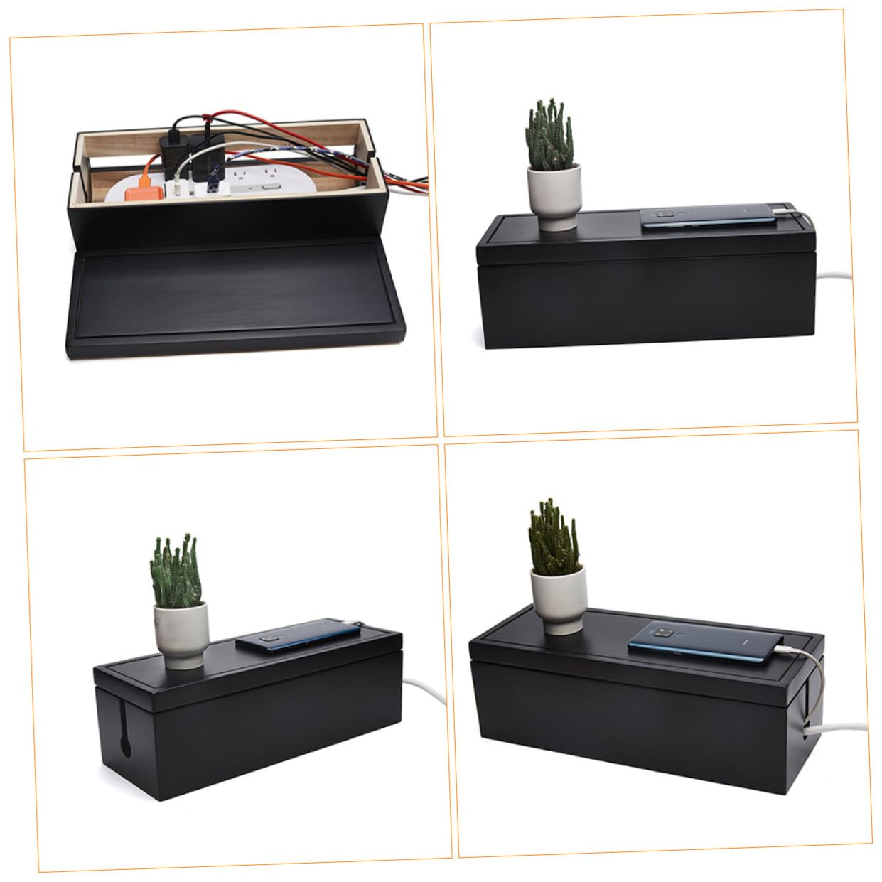 Boîte de Rangement pour Câbles Design Fendu en Bois Foncé pour Organisation Rapide et Rangement des Câbles à Domicile