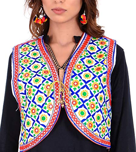 Image of Craft Trade Women's Cotton Embroidered Kutchi Jacket with Tassels Sleeveless Mirror Work