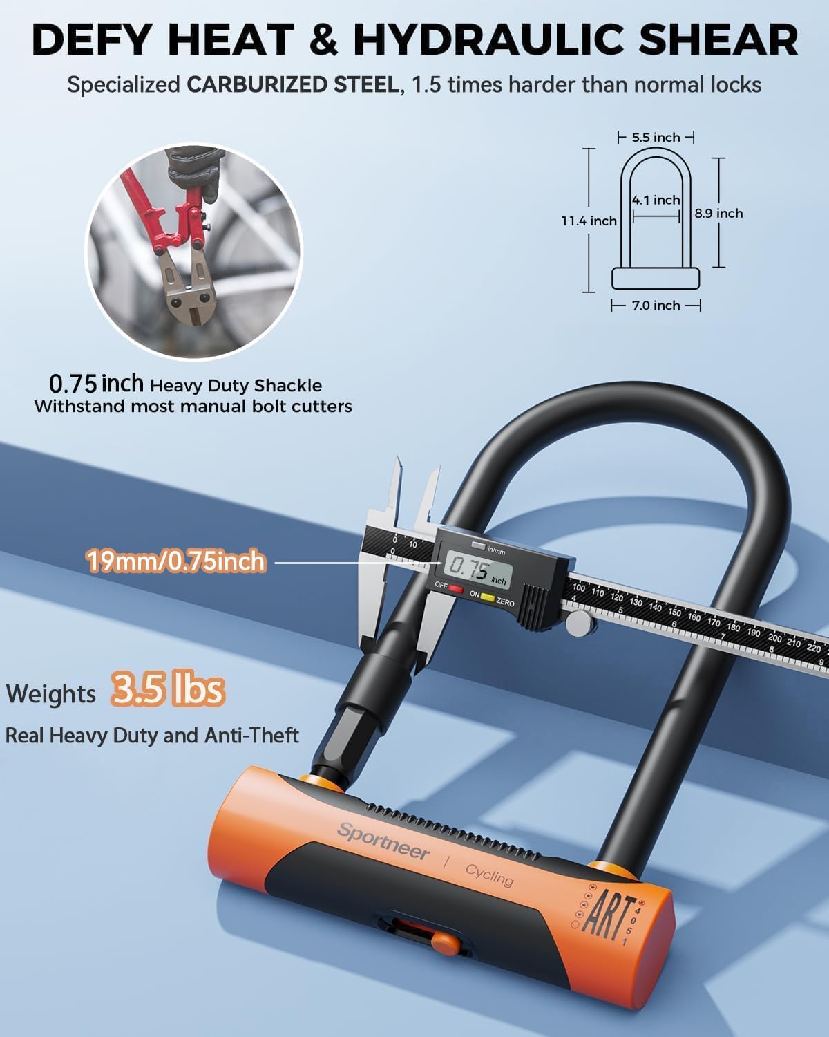 Sportneer Bike Lock - 18mm Shackle Heavy Duty Anti Theft Bike U Locks with 6ft Security Steel Cable - Bicycle U-Locks with Keys & Sturdy Mounting Bracket for Road, Mountain, Electric & Folding Bike
