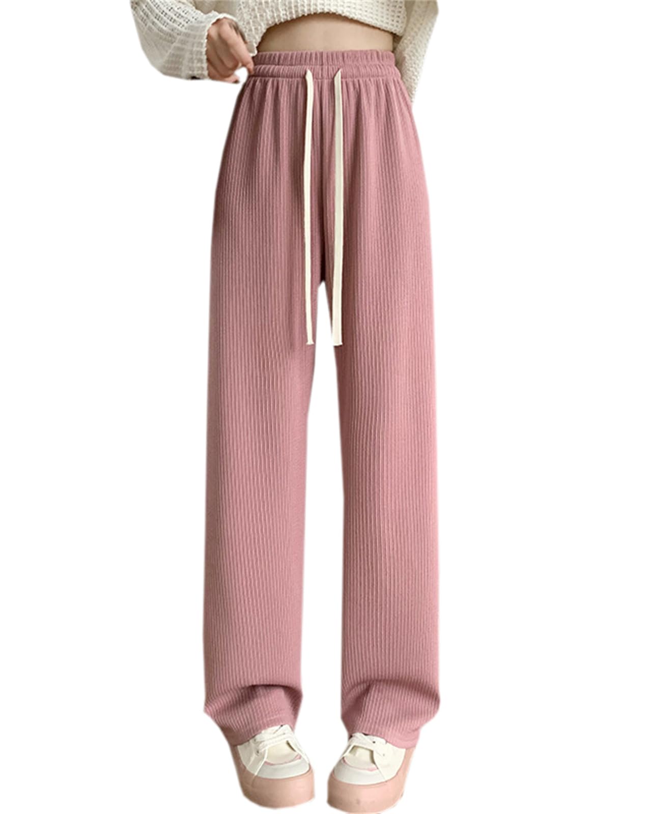 Betusline Womens Textured Casual High Waisted Straight Leg Long Pants