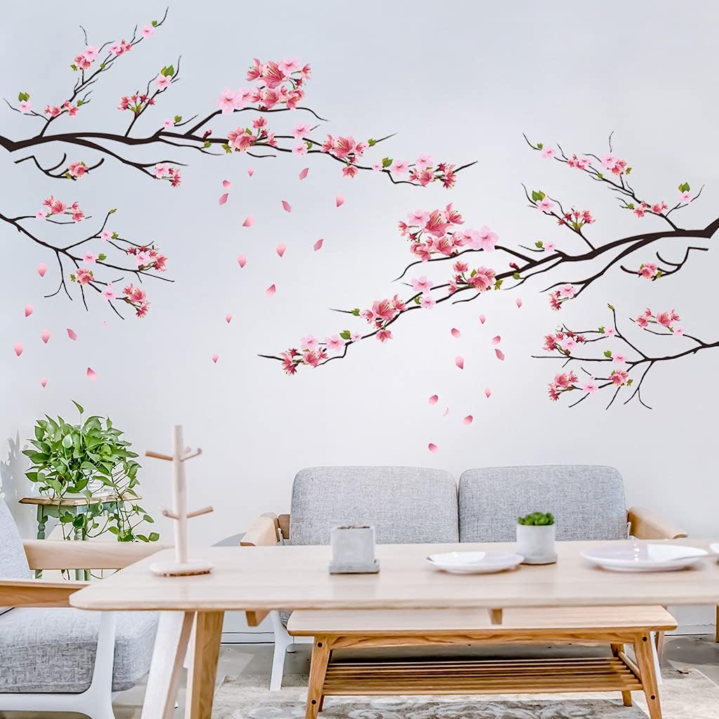 RWKSR16 Pink Peach Flower Wall Decals Cherry Blossom Tree Branch Wall Stickers DIY