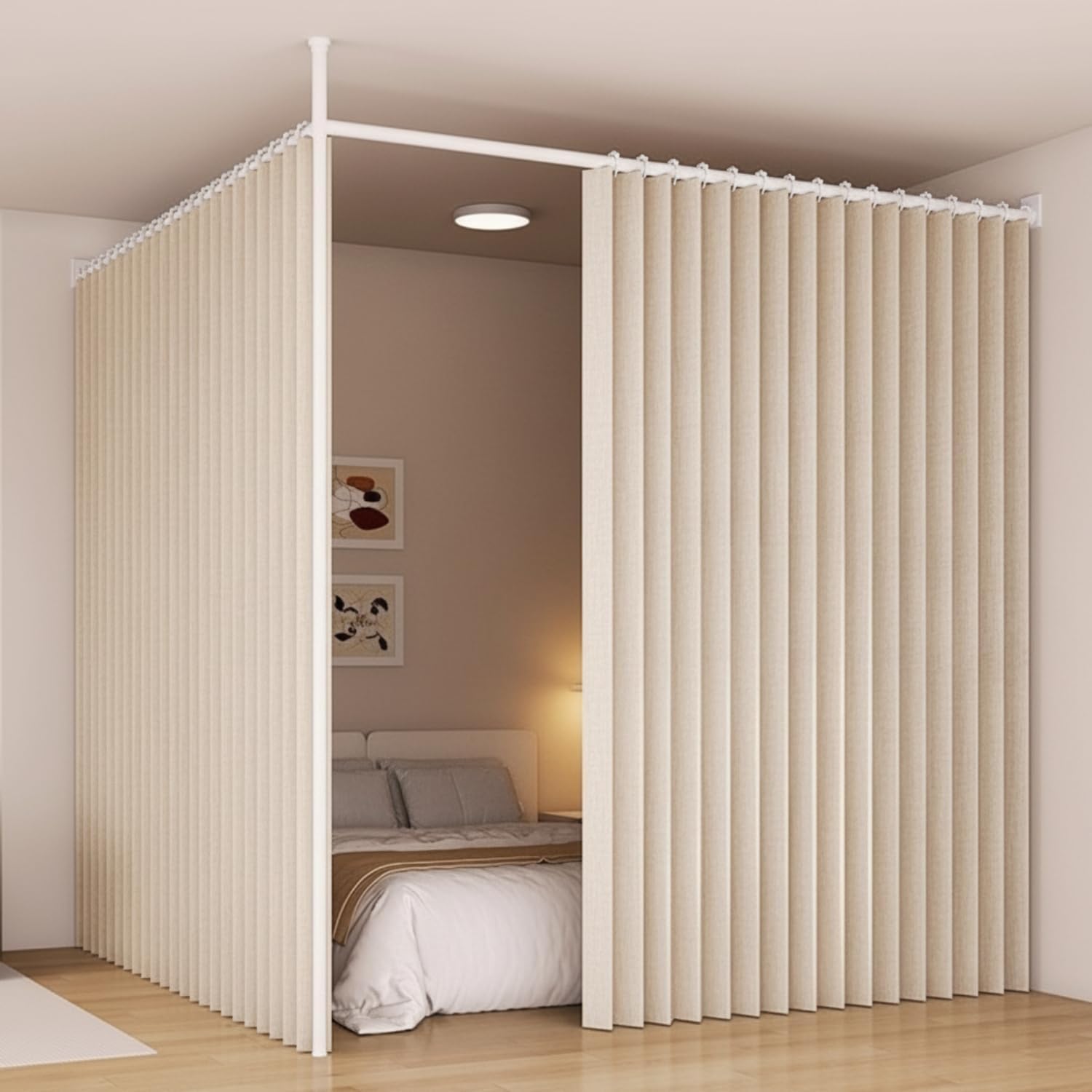 つっぱり式 アコーディオン 間仕切りカーテン 伸縮ポール付き 突っ張り棒（幅 90-150cm 奥行90-150cm 高さ210-3