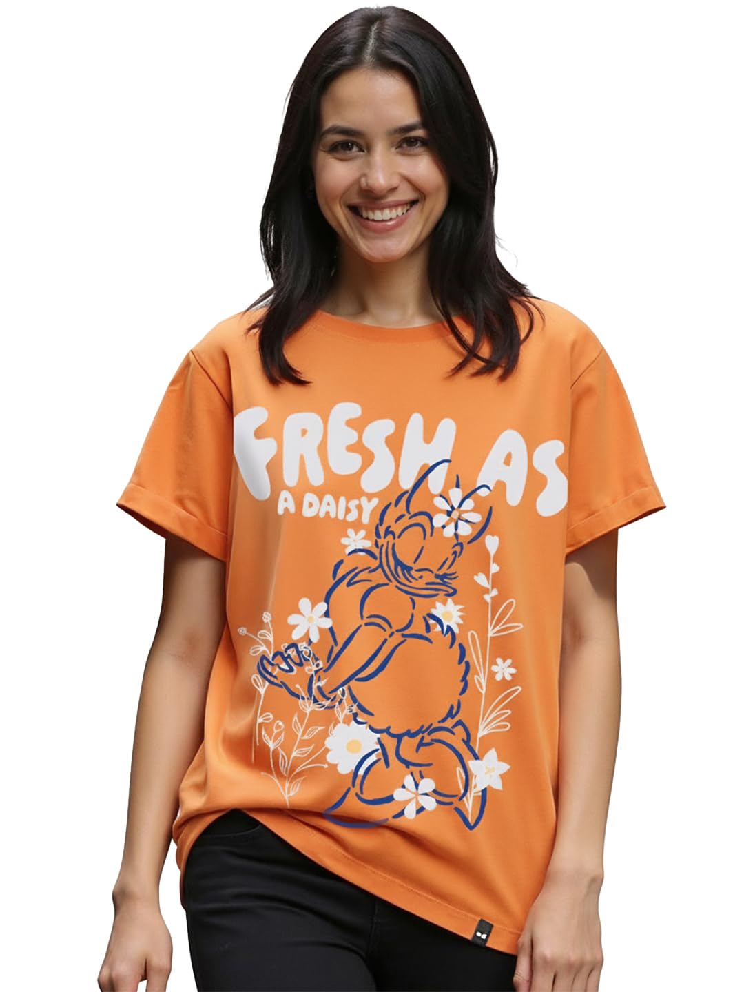 Bewakoof Official Disney Merchandise Daisy Duck Women's 100% Cotton Graphic Print Relaxed Fit Round Neck T-Shirt in multi