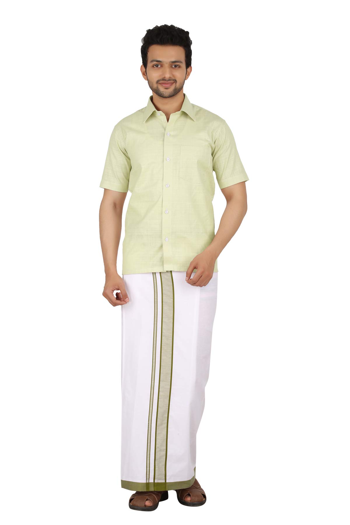 Prakasam Cotton Mens Welcro Pocket With Mild Green Border Dhoti/Fancy Border Dhoti/Welcro Pocket Mundu/White Dhoti With Pocket (Moon Mild Green)