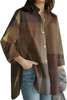 Blusa holgada informal de manga larga con estampado a cuadros para mujer, para otoño y primavera, amarillo, L