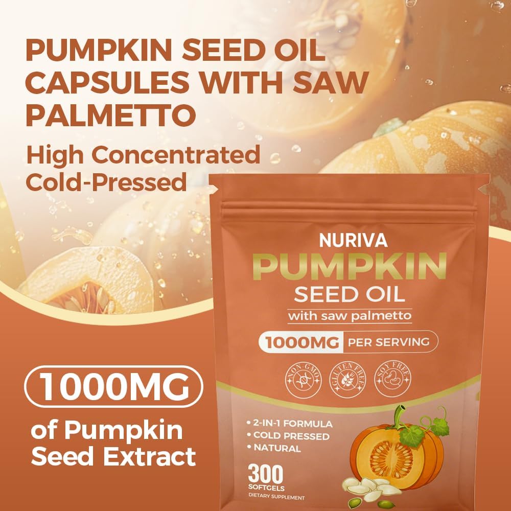 Nuriva Pumpkin Seed Oil with Saw Palmetto Capsules – 2-in-1 Formula, Cold-Pressed Virgin Oil, 300 Softgels | Essential Fatty Acids | Supports Hair Growth, Bladder & Prostate Health | Non-GMO(1 PACK)