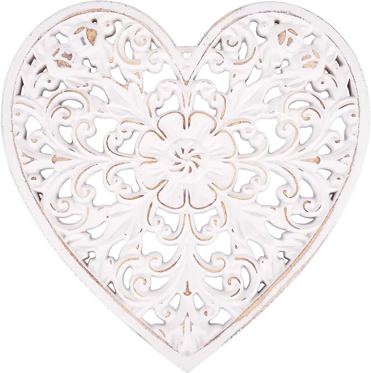Wooden Wall Decor, Floral Hollow Carved Wall Panel Hanging Decor, Rustic Art Sculpture Decorative, Carved Floral-Patterned Distressed White MDF Wall Panel for Hallway Bedroom Cafe Office (Heart)