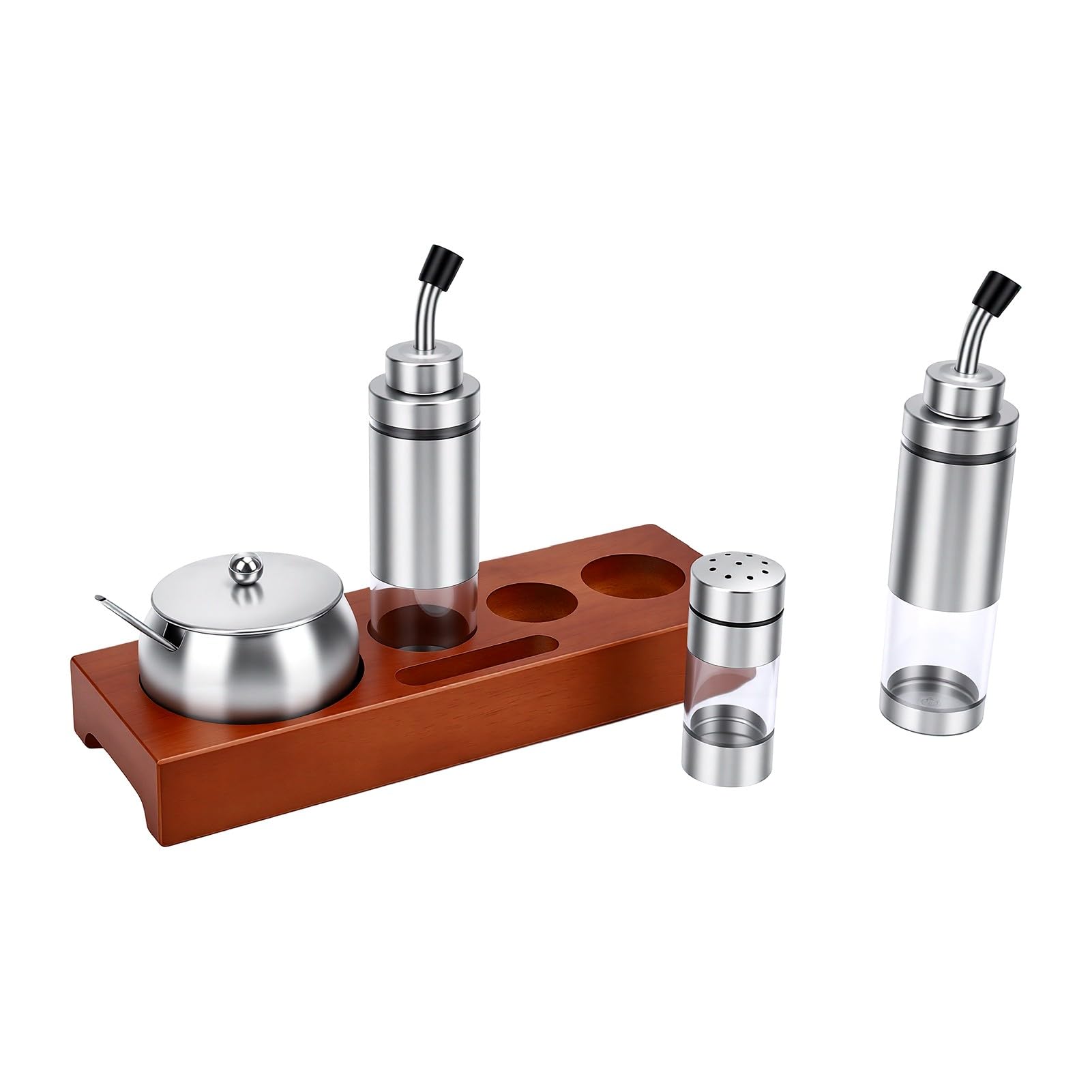 Tnfeeon Juego de Botellas de Condimento con Base de Madera de Roble, Juego de Dispensador de Condimentos de Acero Inoxidable 304, Almacenamiento Hermético de Aceite, Vinagre, Sal y Azúcar,