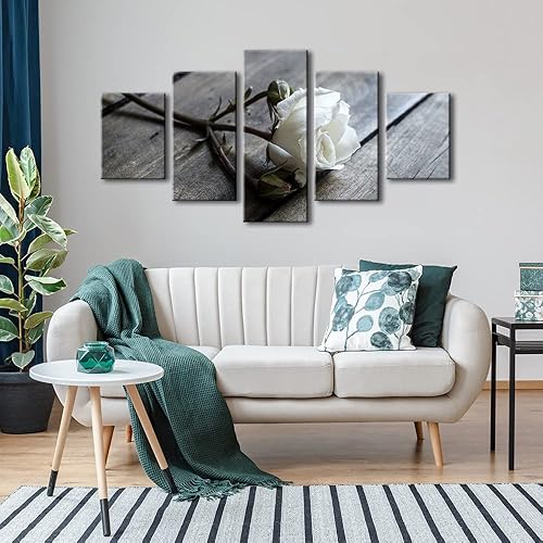 Miniatura 2 de Wieco Art 5 paneles envueltos en lienzo con diseño de rosas blancas y negras, diseño de flores blancas y negras, pinturas sobre lienzo, arte de