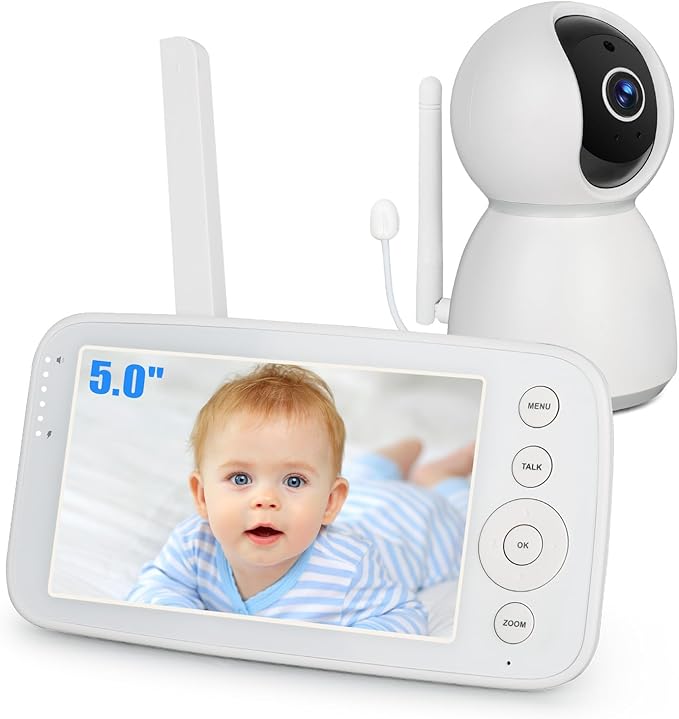 Yicty Baby Monitor 5&rdquo; Full HD &ndash; senza Wi-Fi, VOX, PTZ, visione notturna IR, sensore temperatura, ninne nanne, montaggio tavolo/parete