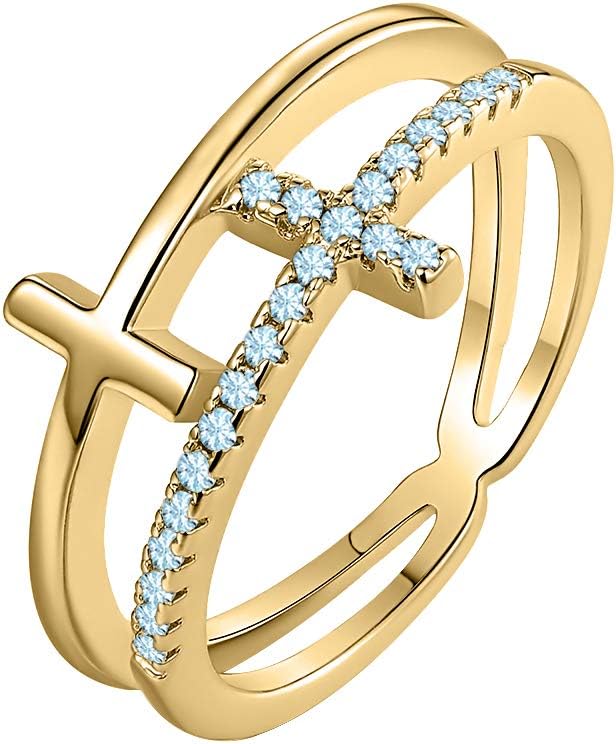 Womens Elegant 925 Sterling Silver Round Cut Gemstone 14K Yellow Gold Double Cross Ring Christian Fashion Wedding Band