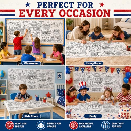 4th of July Giant Coloring Poster/Tablecloth,250 Anniversary USA 31“*72“USA Historical Timeline Giant Coloring Tablecloth,US Map Coloring Poster,Kids Crafts Classroom Activities Party — view 3